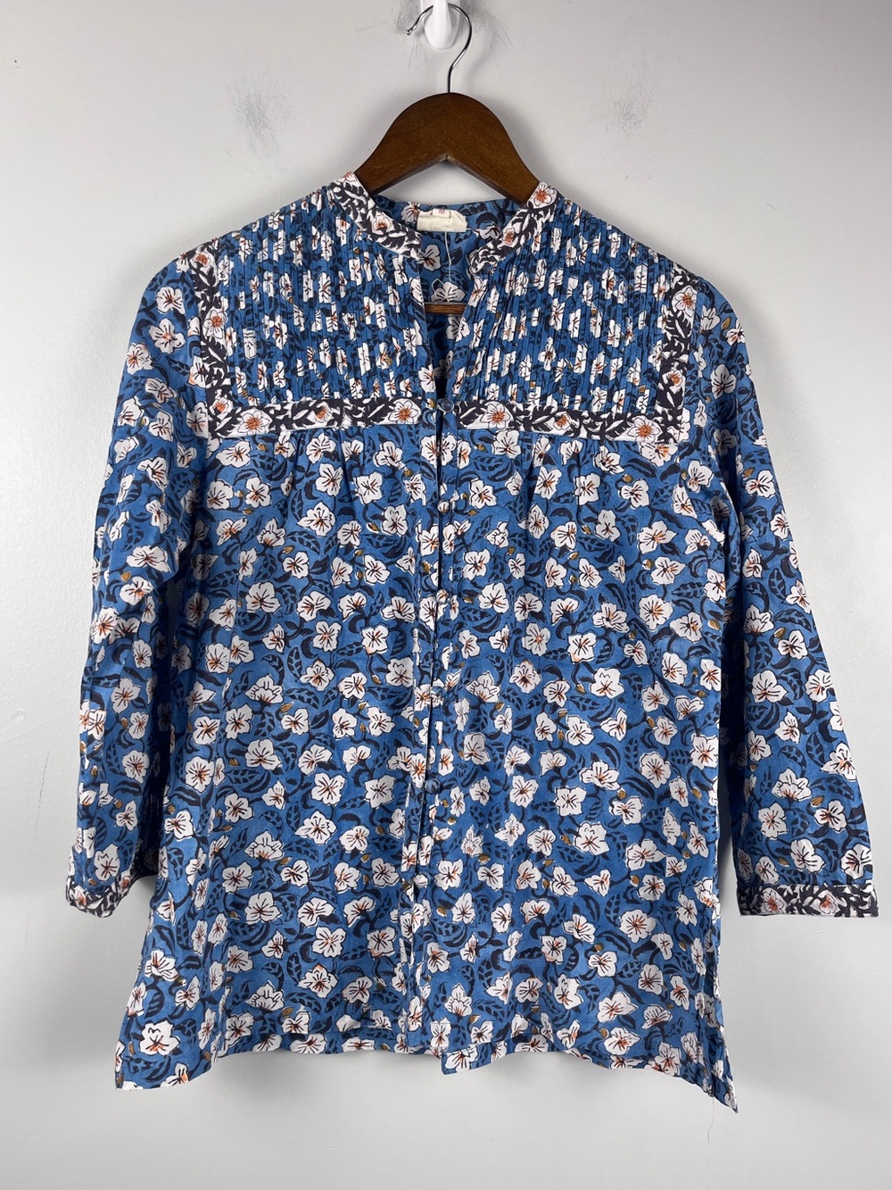 Anokhi blue block print 100% cotton button blouse size medium